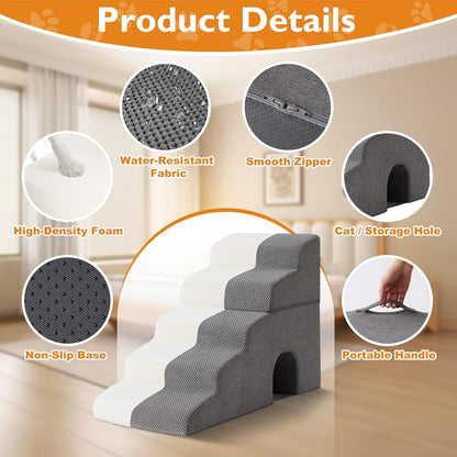 Dog Stairs for Bed 23'' H, 5-Step Dog Steps for High Bed, Grey