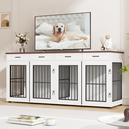 87" Dog Crate Furniture for 2 Dogs, Double Dog Cage Furniture, White