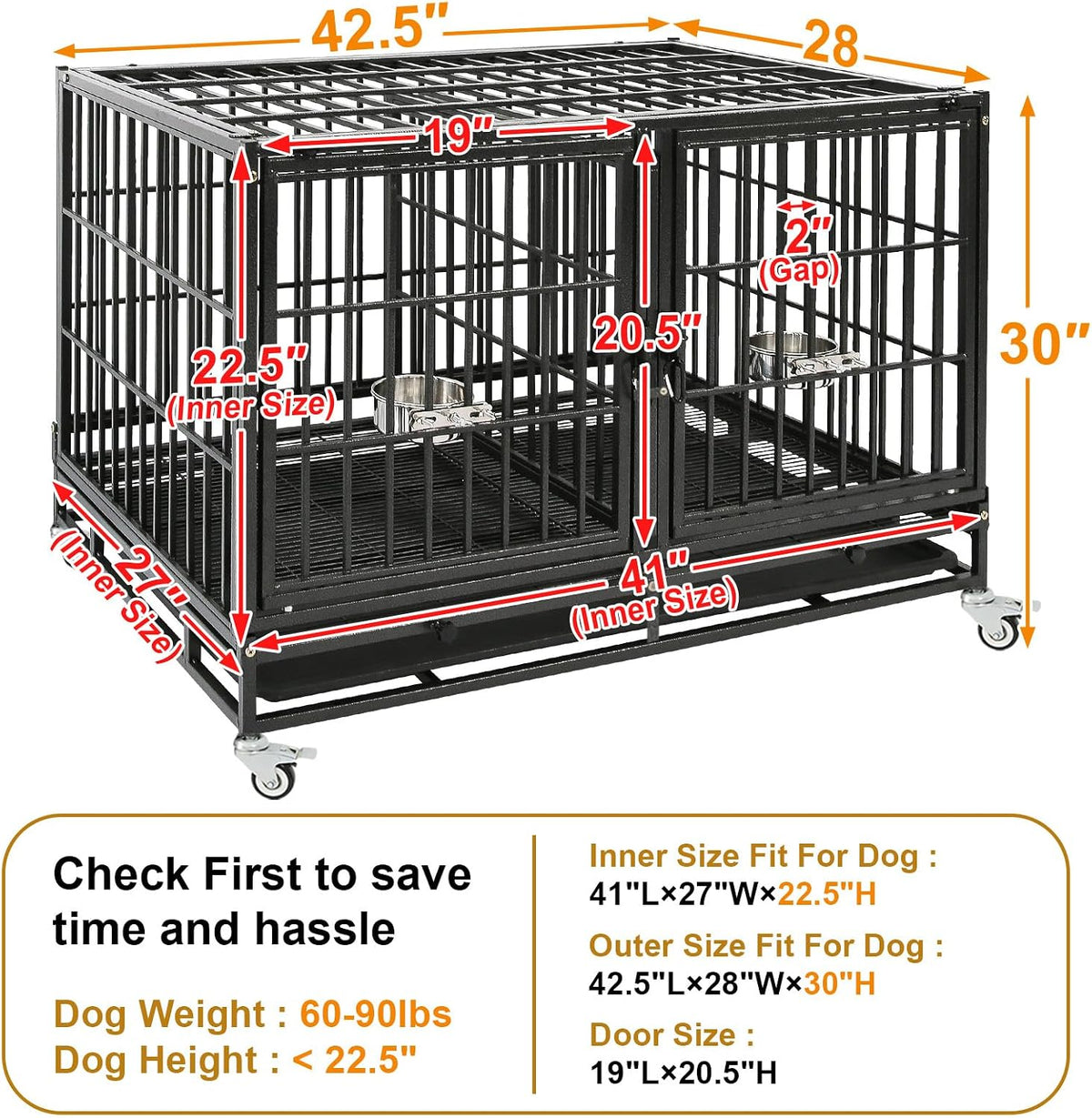 43" Double Dog Crate, Heavy Duty Stackable Kennel with Divider