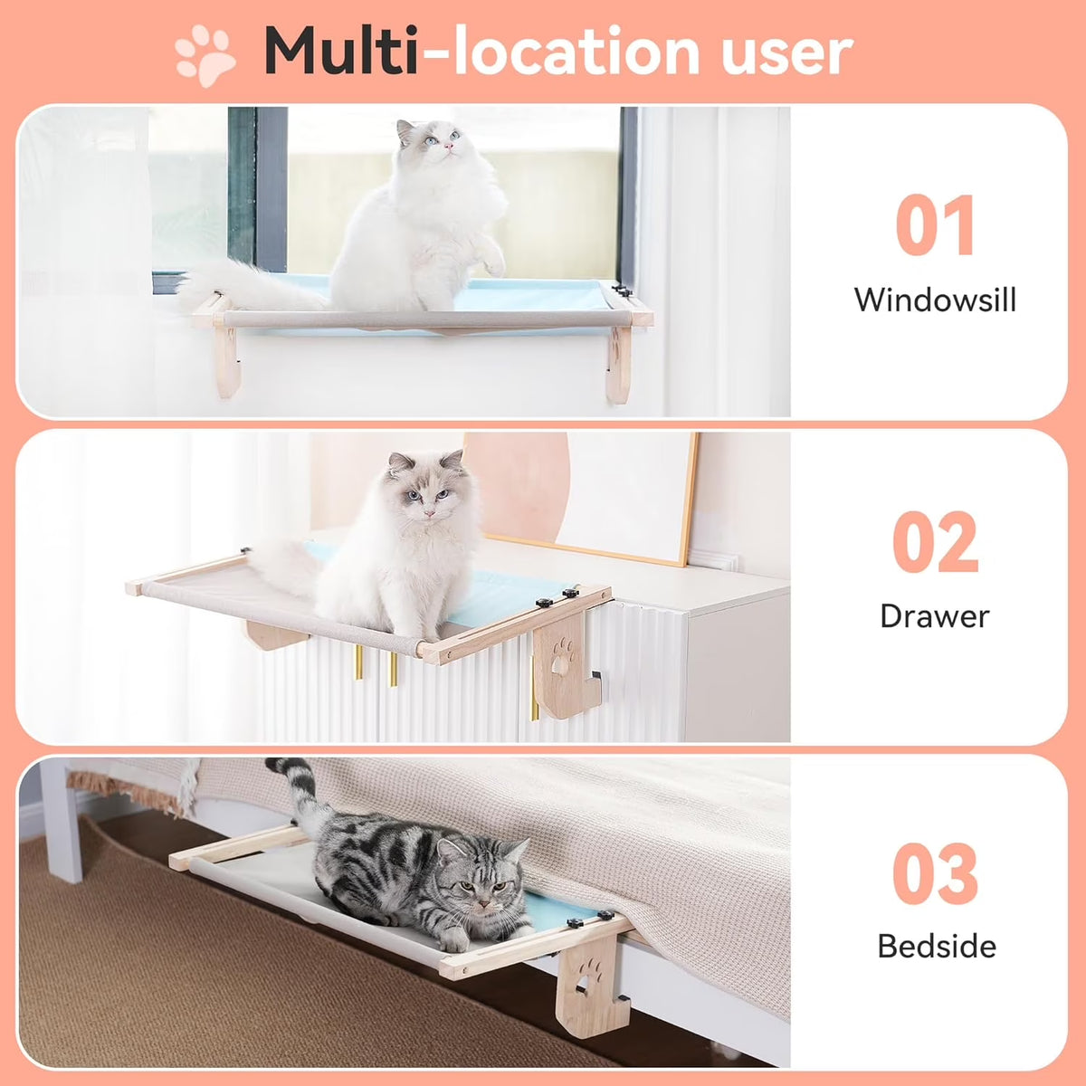 Cat Window Hammock,Cat Window Perch,Cat Window Bed,Easy to Adjust Cat Hammock for Window, Bedside,Drawer and Cabinet