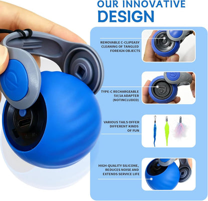 Interactive Cat Toy Ball - Automatic Moving Cat Ball for Indoor Cats with 3 Tails, Rechargeable Silent Kitten Toy for Boredom & Exercise, Rolling Ball Toy with 2 Modes & 2 Speeds.