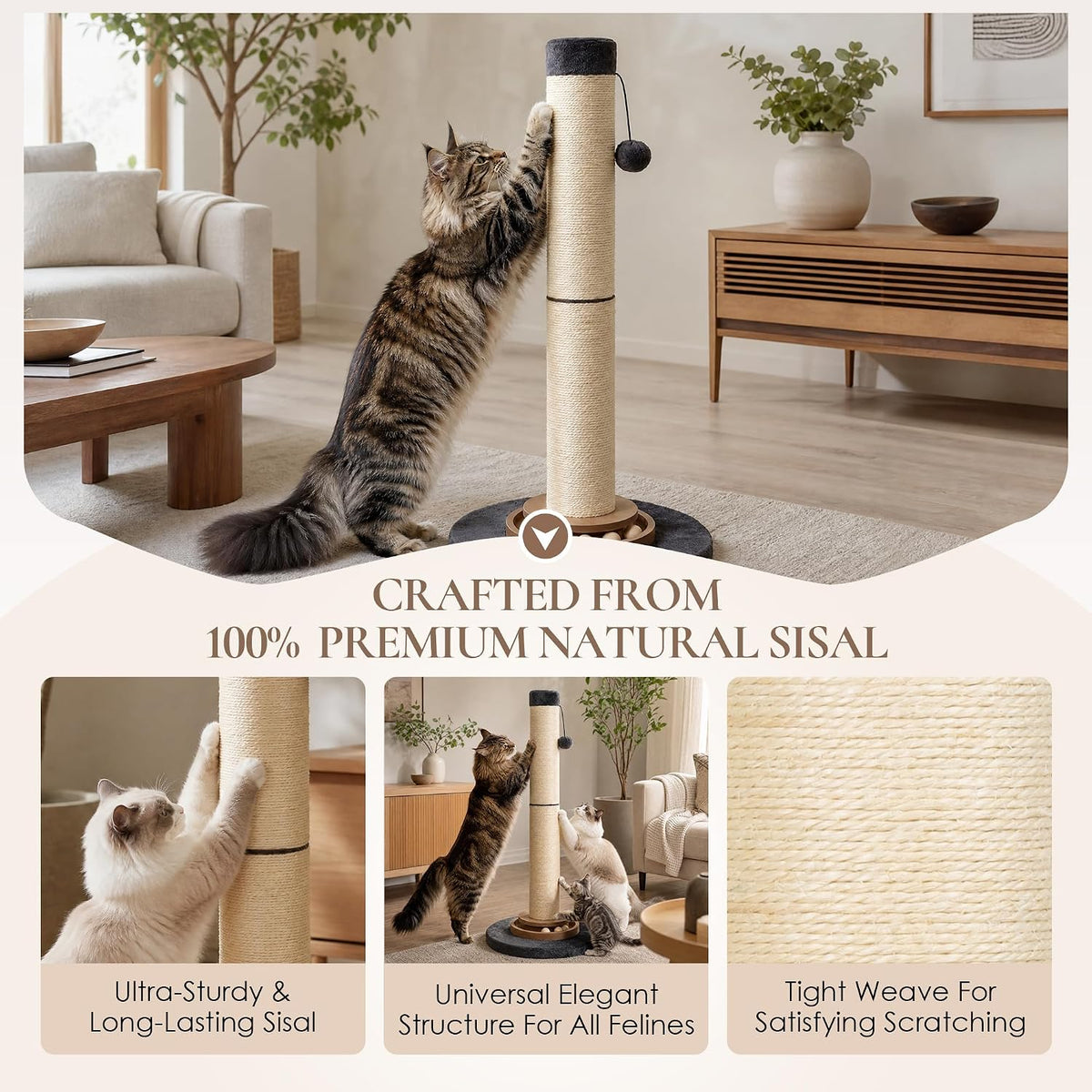 Heavy Duty Cat Scratching Post, 35 Inch Tall Cat Scratcher Cat Tree Tower with Hanging Ball for Indoor Cats Adults,Sisal Scratching Post with Toys