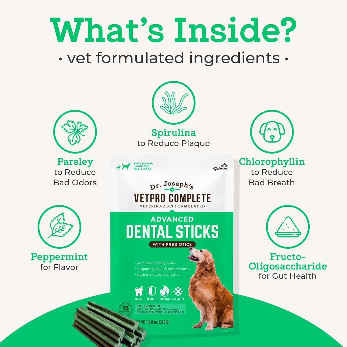 Dr. Joseph'S Advanced Dental Sticks with Prebiotics, 15 Sticks, Cleans Teeth, Freshens Bad Breath, and Supports Gut Health, Target Tartar and Plaque Build Up, Veterinarian Formulated