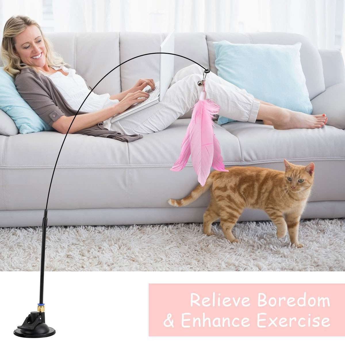 Bendable Teaser Wand Toy with Suction Cup Base Feather Bells Cat Interactive Pet