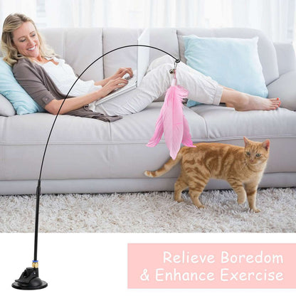 Bendable Teaser Wand Toy with Suction Cup Base Feather Bells Cat Interactive Pet