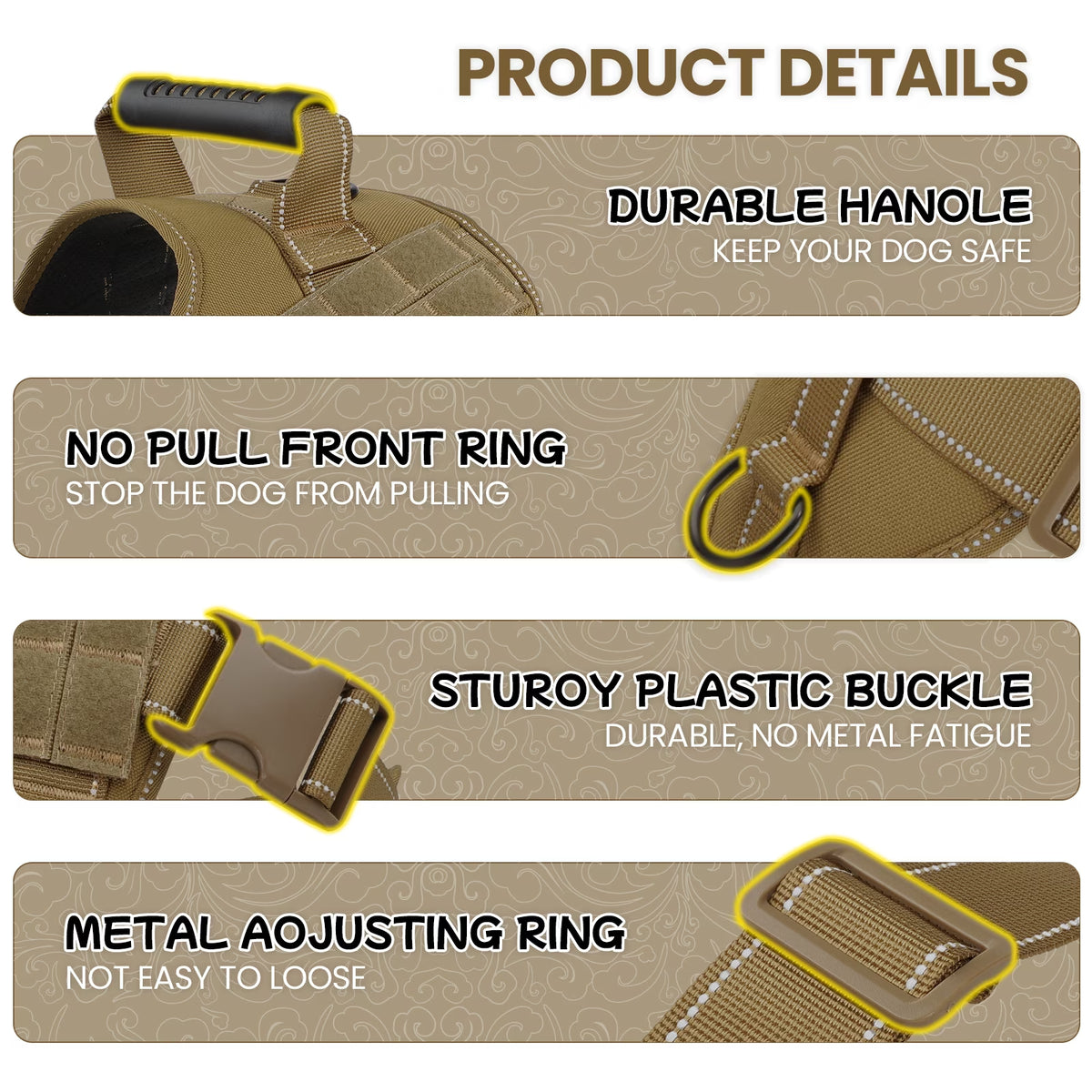 No Pull Dog Harness for Small Dogs, Reflective Dog Vest Harness with Handle, Adjustable Easy on Dog Harness for Training Running Walking, Khaki S