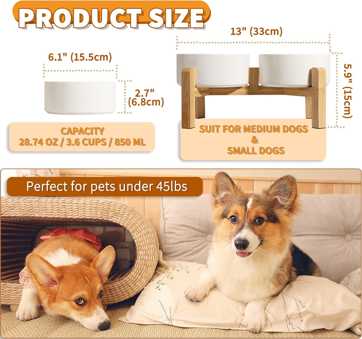 Elevated Ceramic Dog Bowl, 3.6 Cups Dog Food and Water Bowl Set with Stand