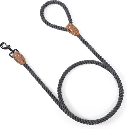 Dog Leash Braided Cotton Rope with Leather-Reinforced Ends