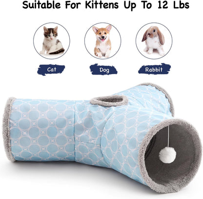 Cat Tunnel, 3-Way Collapsible Toy for Indoor Cats, Geometry Blue