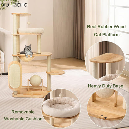 50 in Rubberwood Cat Tree Indoor Cat Tower