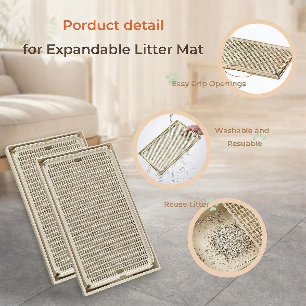 2-Pack Connectable Cat Litter Trapping Mats for Litter Box