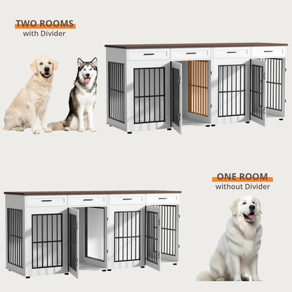 87" Dog Crate Furniture for 2 Dogs, Double Dog Cage Furniture, White