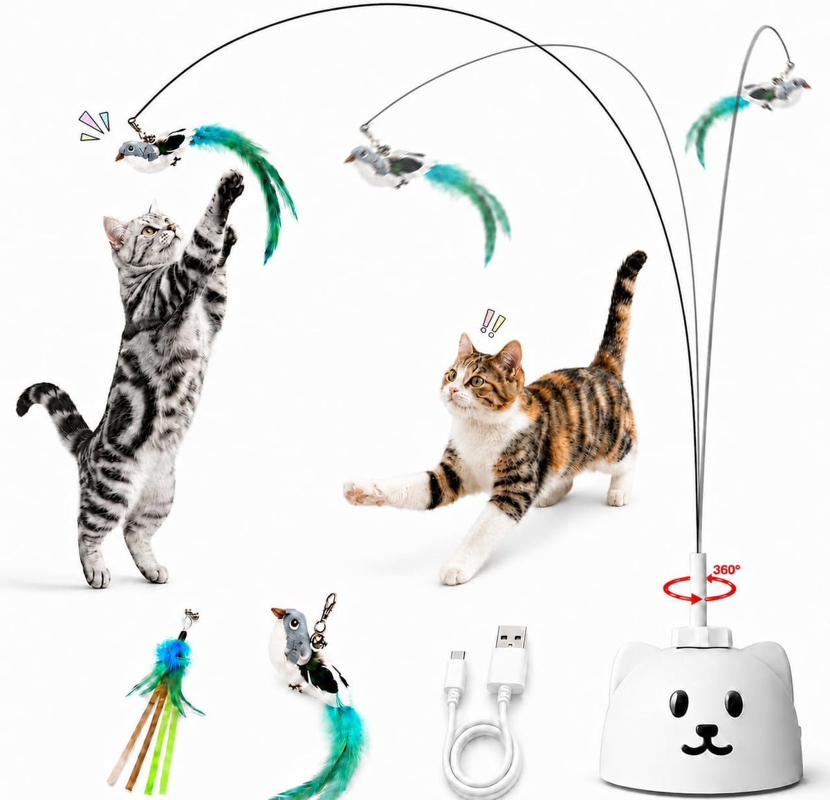 Interactive Cat Toys for Indoor Cats, 360° Automatic Spin Flying Bird Wand