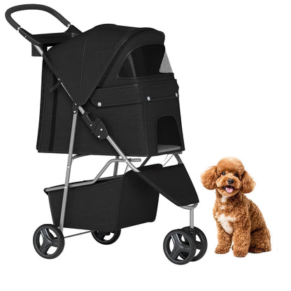 | 3-Wheel Pet Stroller | Dog and Cat Stroller | Breathable Mesh | Lightweight Travel Carrier | Waterproof & Foldable Design | Storage Basket | Black | for Daily Walks & Outdoor Use
