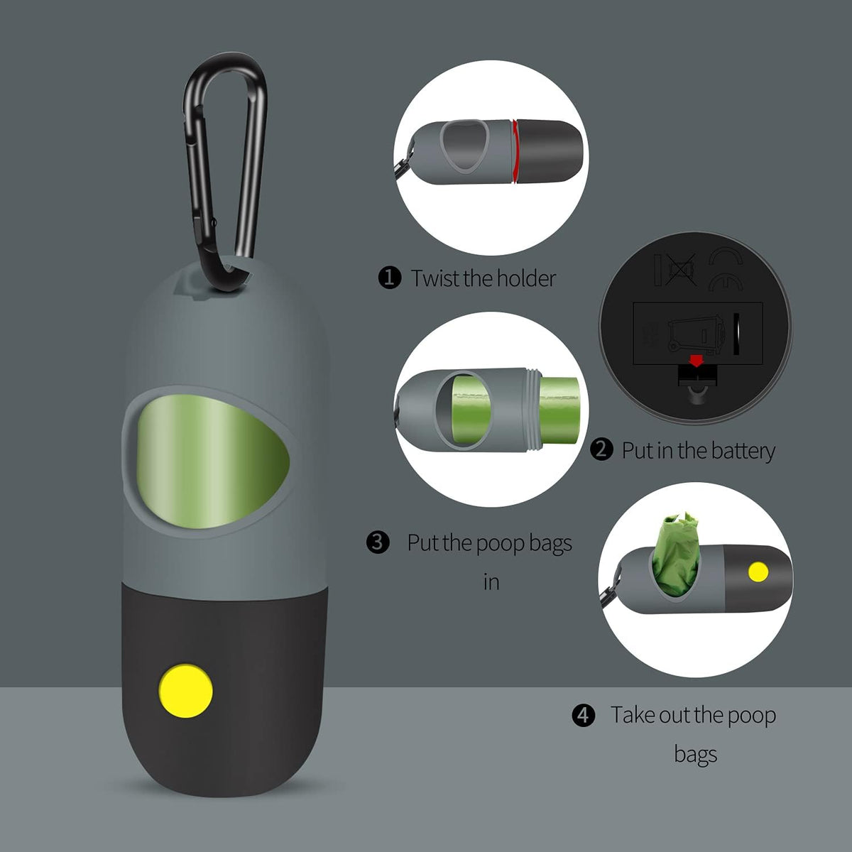 2 Pack Dog Poop Bag Dispenser with Built-In LED Flashlight, Pet Waste Bag Holder for Leash with Carabiner Clip for Lead Leash, 2 Rolls Leak-Proof Doggy Waste Bags for Dog Walking, Grey
