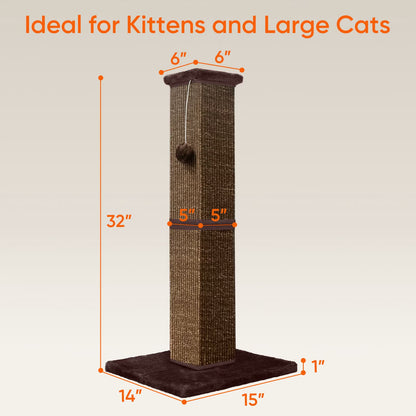 32" Tall Cat Scratching Post for Large Indoor Cats & Kittens, Cat Scratcher with Extra Large Stable Base and Natural Sisal, Sturdy Cat Scratch Post to Protect Furniture & Couch, Full Brown