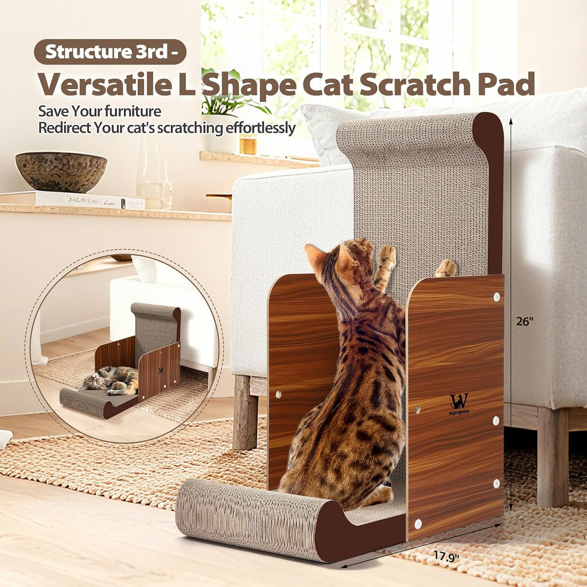 34 Inch Cat Scratcher Bed, Upgraded Cardboard Scratching Pad, Extra Large Cat Scratchers for Indoor Cats, Convertible Vertical Cat Scratching Board Furniture Protector