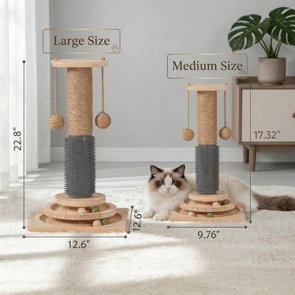 4-In-1 Solid Wood Cat Scratching Post with Self-Groomer, Medium Size