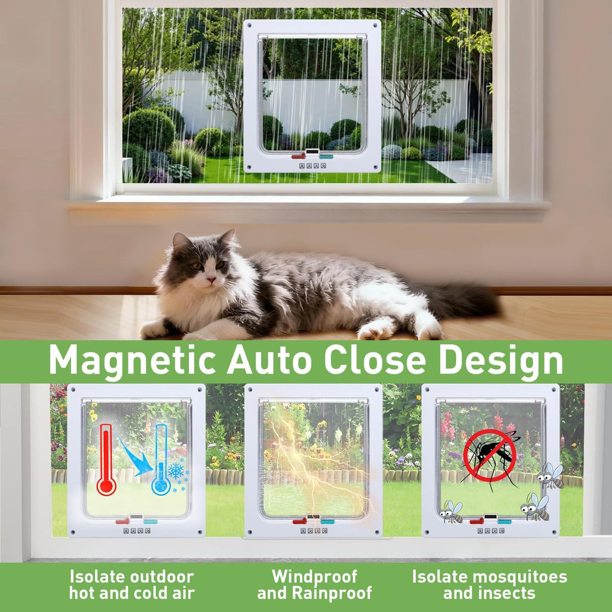 Cat Door for Window, Fits 26"-36" Width Window, with 4 Locking Modes, Clear