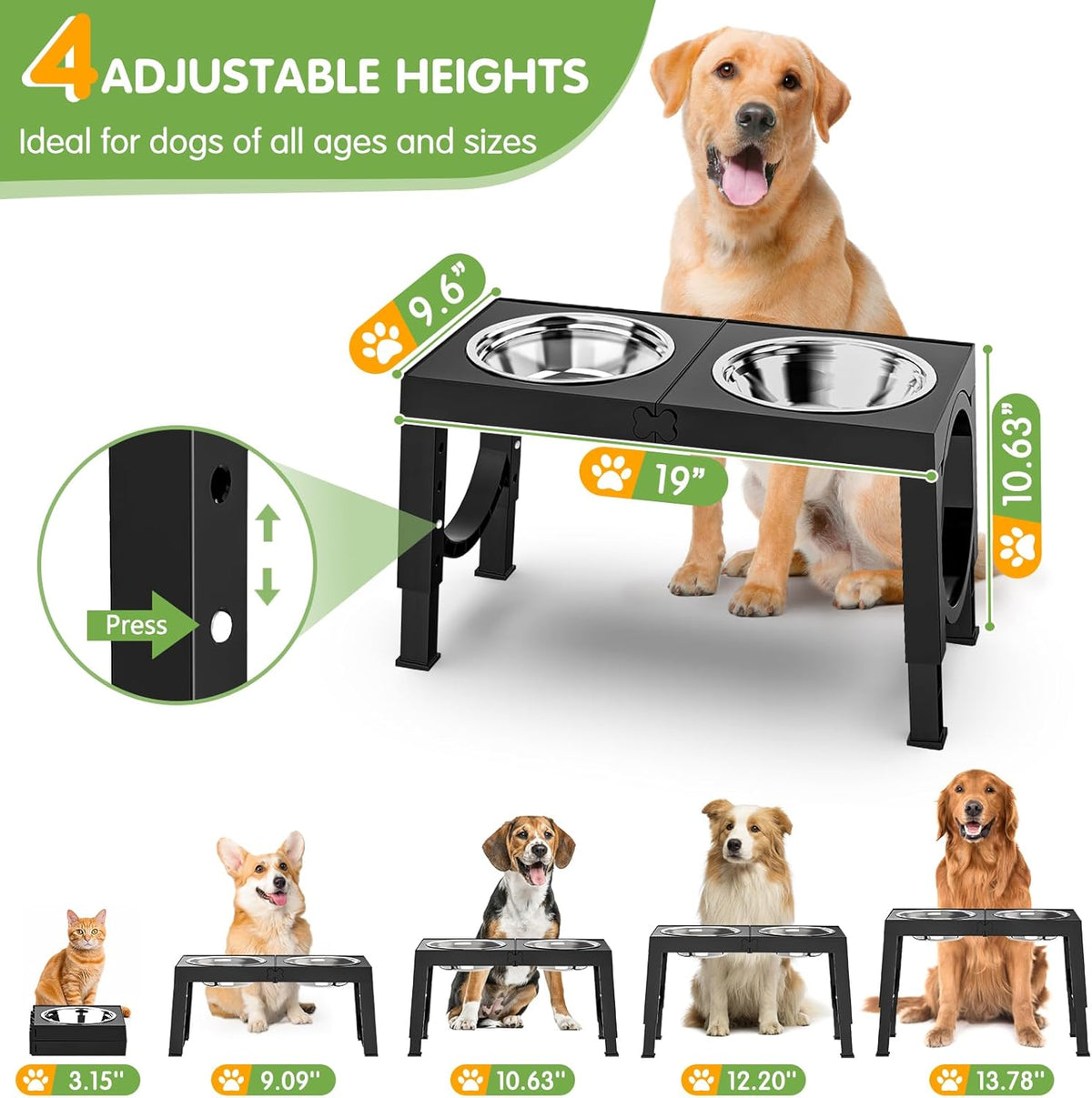Elevated Dog Bowls Large Breed Raised Dogs Bowl Stand Large/Medium Sized Dog Stainless Steel Food Water Bowl Stands 5 Heights Adjustable 9/11/12/14In Black Pet Feeder Dish Station