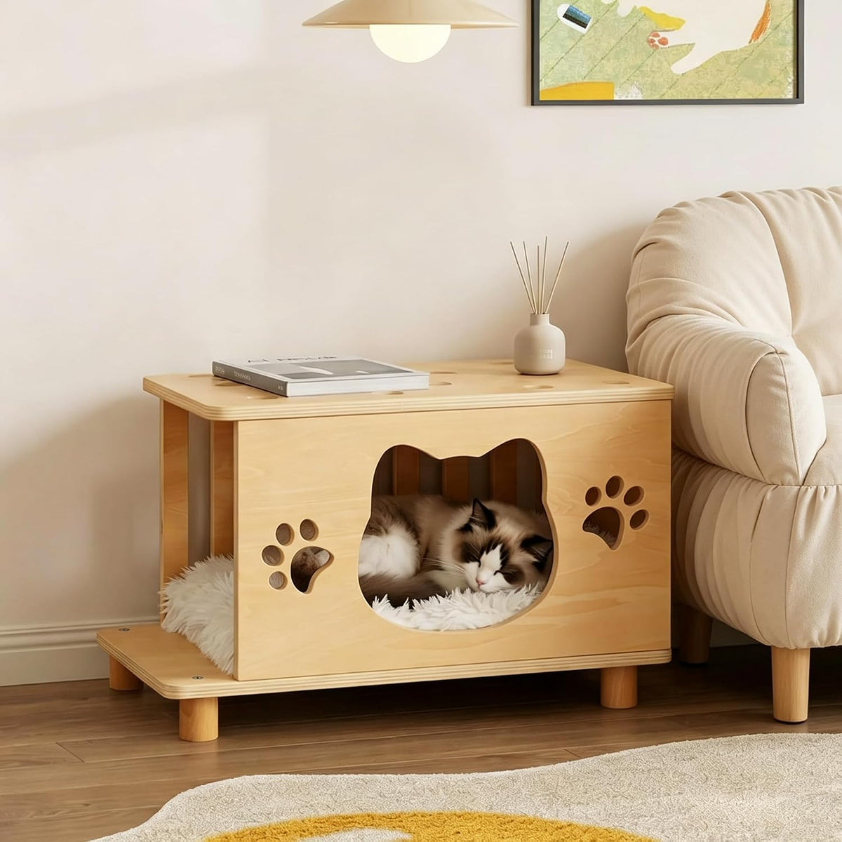 4-In-1 Wooden Cat Beds for Indoor Cats, Breathable Cat Cave with Washable Cushion Cat House