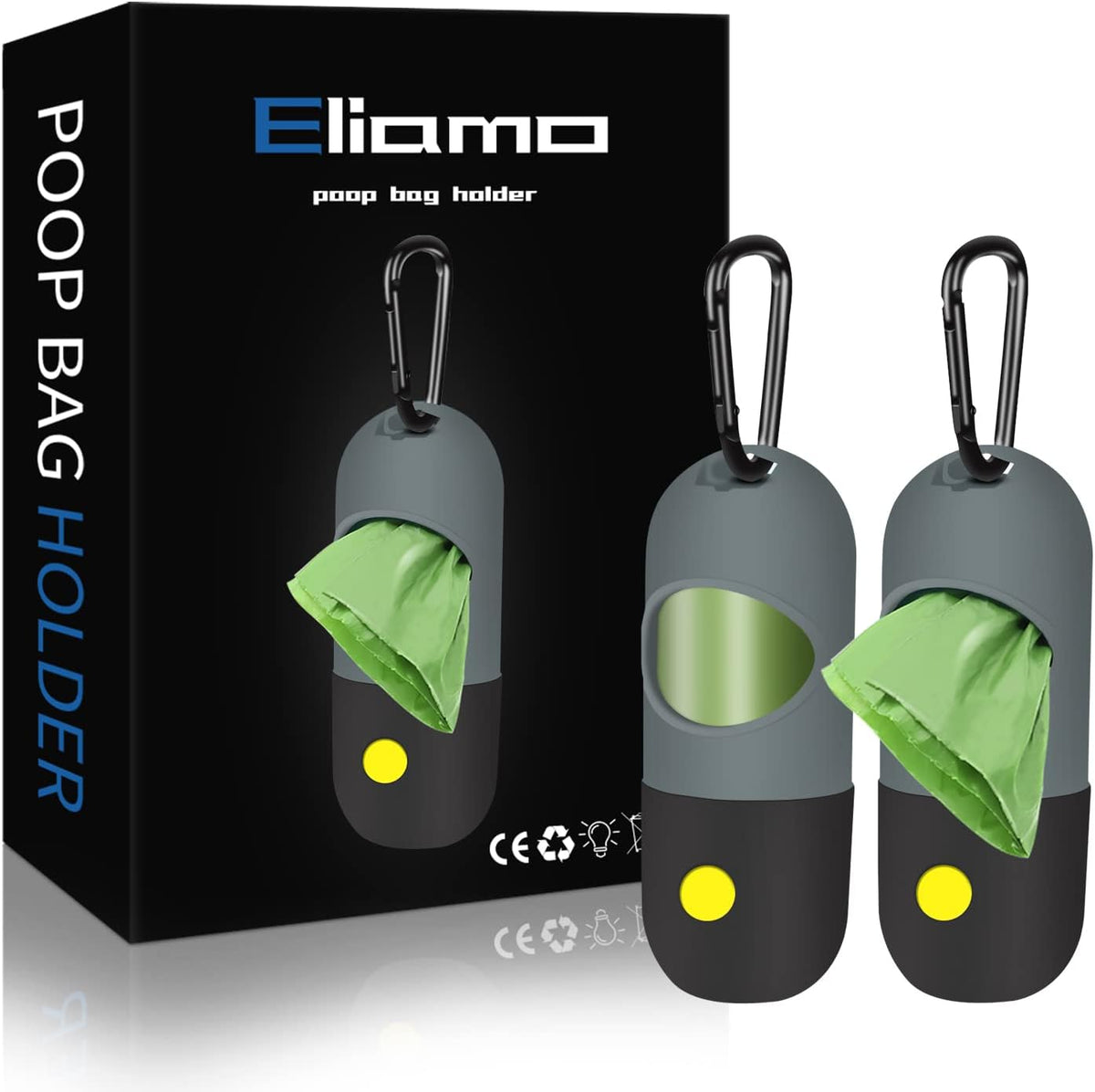 2 Pack Dog Poop Bag Dispenser with Built-In LED Flashlight, Pet Waste Bag Holder for Leash with Carabiner Clip for Lead Leash, 2 Rolls Leak-Proof Doggy Waste Bags for Dog Walking, Grey