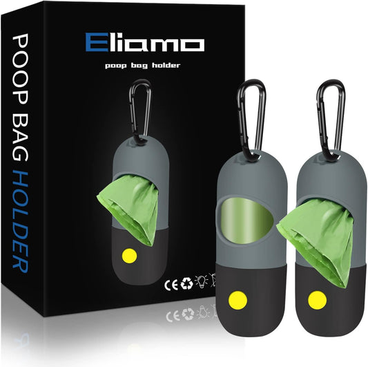 2 Pack Dog Poop Bag Dispenser with Built-In LED Flashlight, Pet Waste Bag Holder for Leash with Carabiner Clip for Lead Leash, 2 Rolls Leak-Proof Doggy Waste Bags for Dog Walking, Grey
