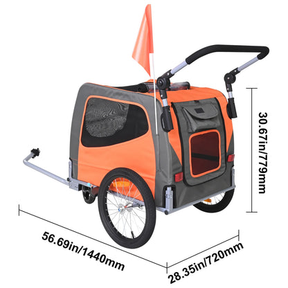 2-in-1 Dog Bike Trailer and Stroller - up to 66 lbs, Orange/Gray