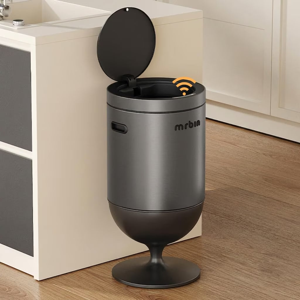 Stainless Steel Motion Sensor Trash Can with Lid, 5.3 Gallon Wine Glass Shaped Automatic Waste Basket Touchless, Smart round Tall Garbage with High Leg for Office, Bedroom, Kitchen, Eclipse Grey