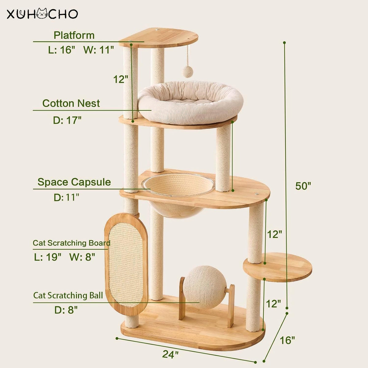 50 in Rubberwood Cat Tree Indoor Cat Tower