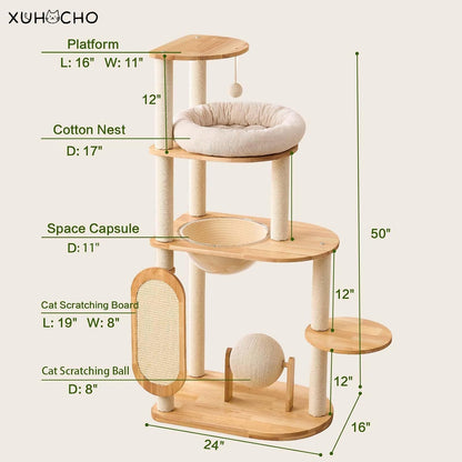 50 in Rubberwood Cat Tree Indoor Cat Tower