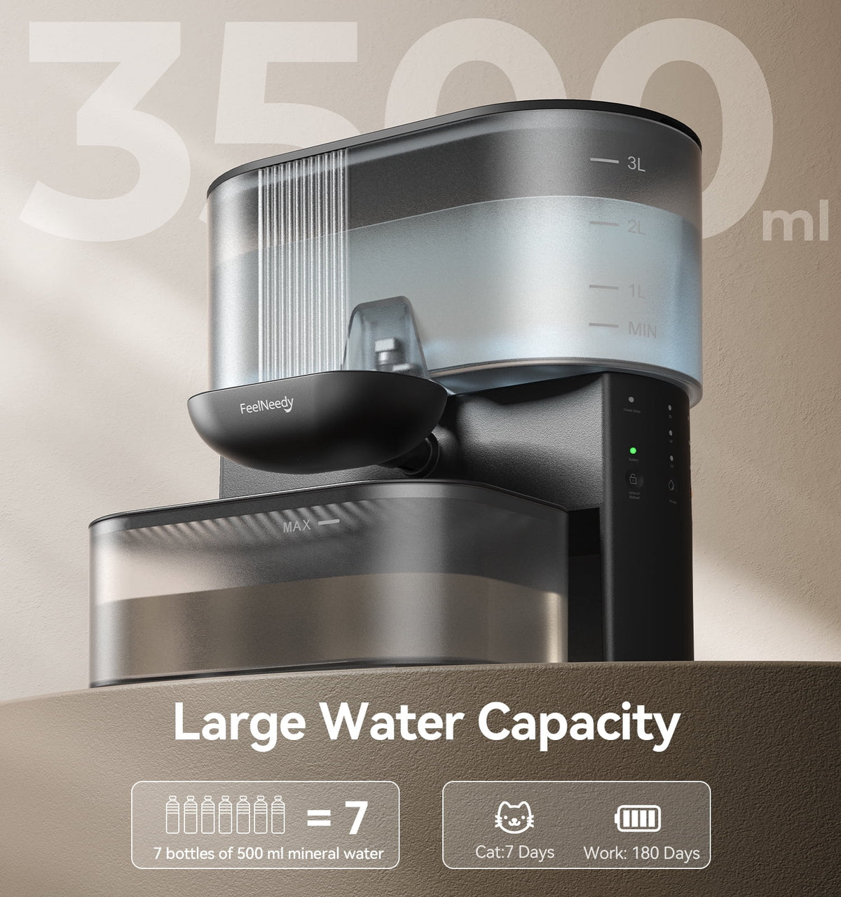 Smart Pet Water Fountain No Filter Needed, 3.5L/118Oz Wireless Cat Water Fountain with Stainless Steel Bowl,Rechargeable Automatic Water Dispenser for Cats and Kitten, Black