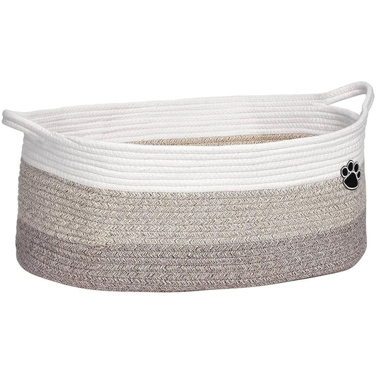 Dog Toy Basket, 30L Toy Box and Bin for Dog Cat Storage, 19.7" X 11" X 7.9" Large Woven Rope Basket for Blanket Storage, Living Room, Bedroom, White & Brown