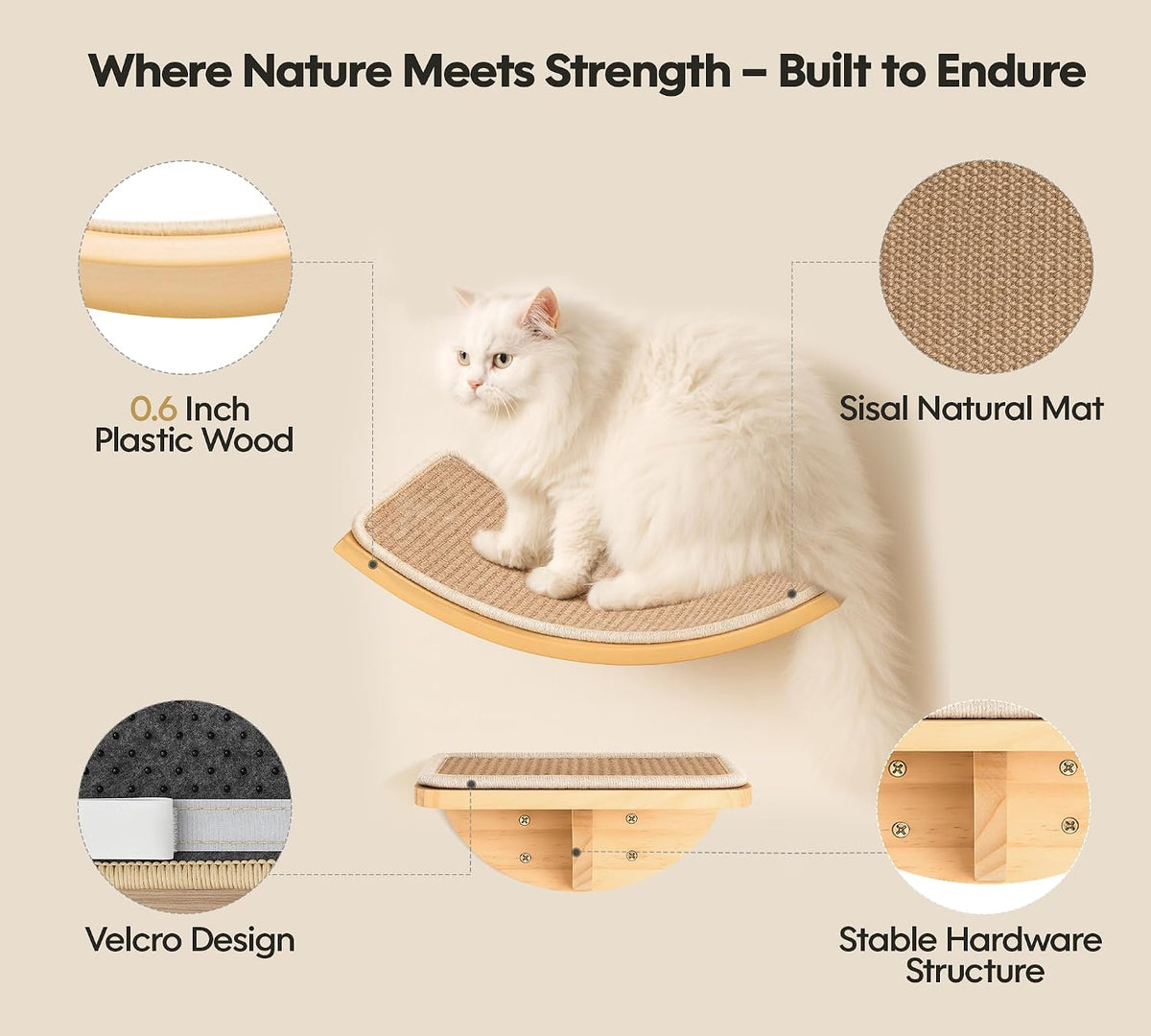 Cat Wall Shelves, Cat Window Perches with Curved Bed & 2 Sisal Mat Steps