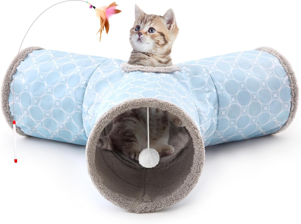Cat Tunnel, 3-Way Collapsible Toy for Indoor Cats, Geometry Blue
