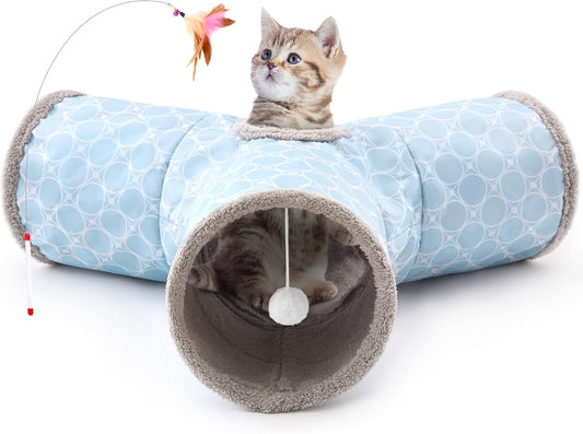 Cat Tunnel, 3-Way Collapsible Toy for Indoor Cats, Geometry Blue
