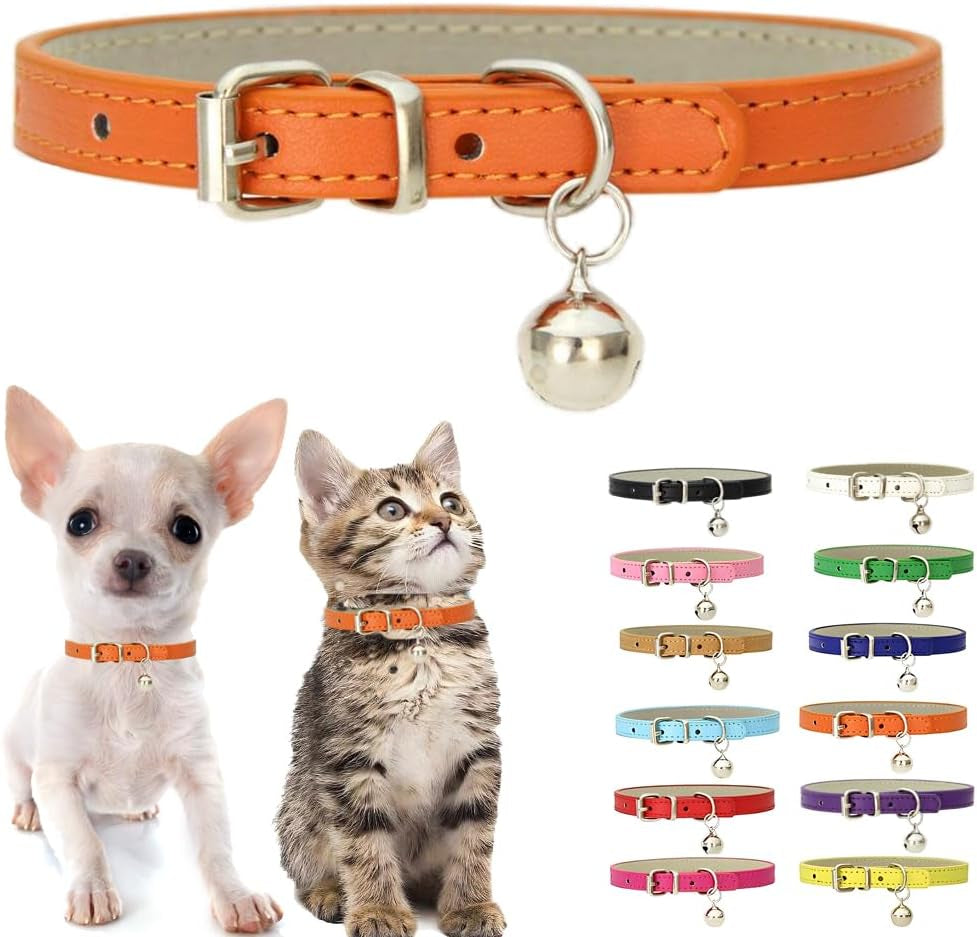 Orange XS Cat Collar with Bell, Leather XXS Puppy Dog Collars X-Small