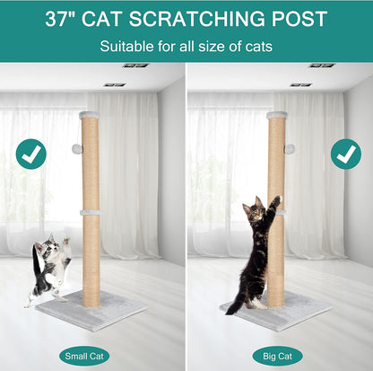 37'' Cat Scratching Post, Natural Sisal Rope Scratcher with Dangling Teaser Ball and Covered with Soft Plush for Kittens and Adult Cats, Sand Color