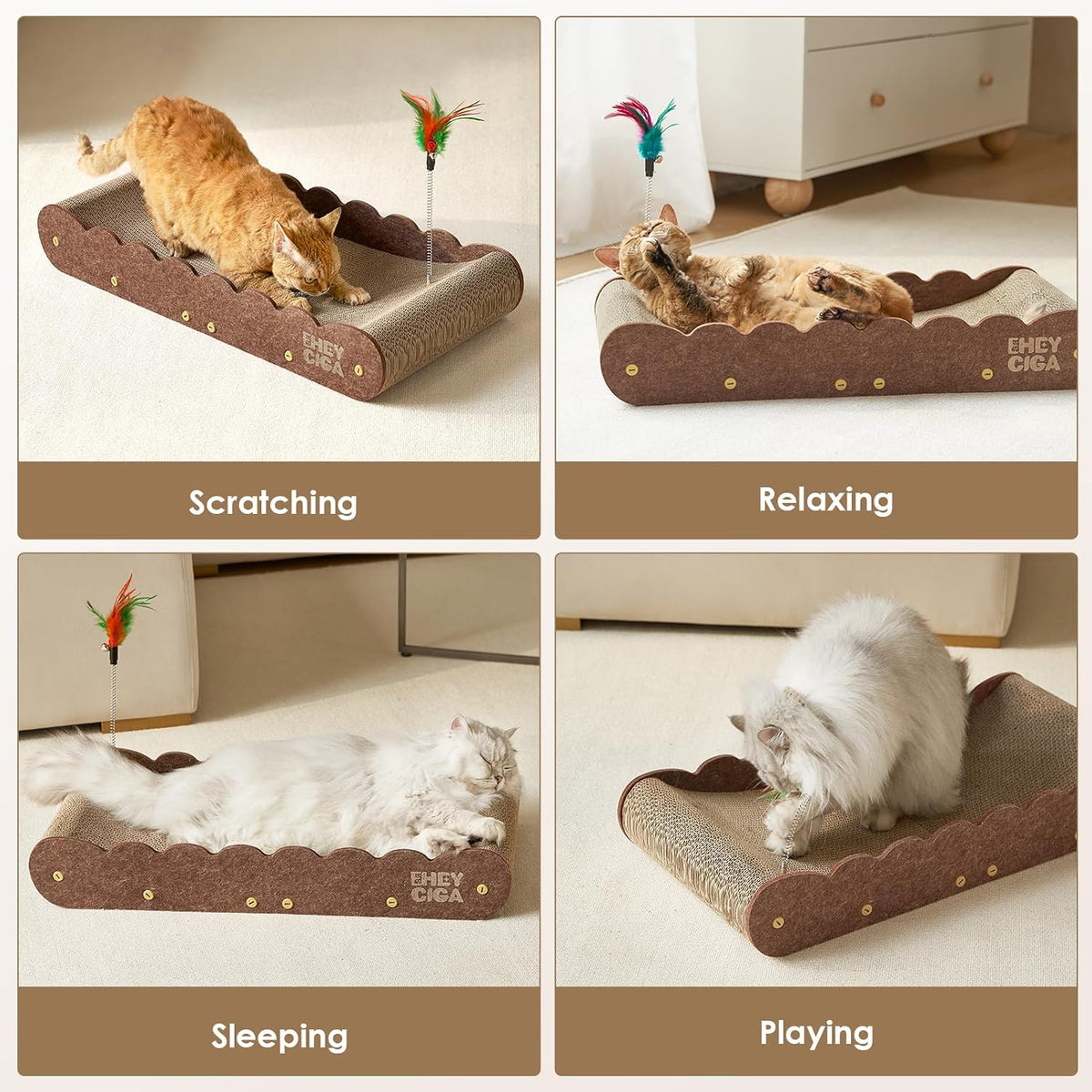 26" Large Cardboard Cat Scratcher Bed with 2 Cat Toys, Brown