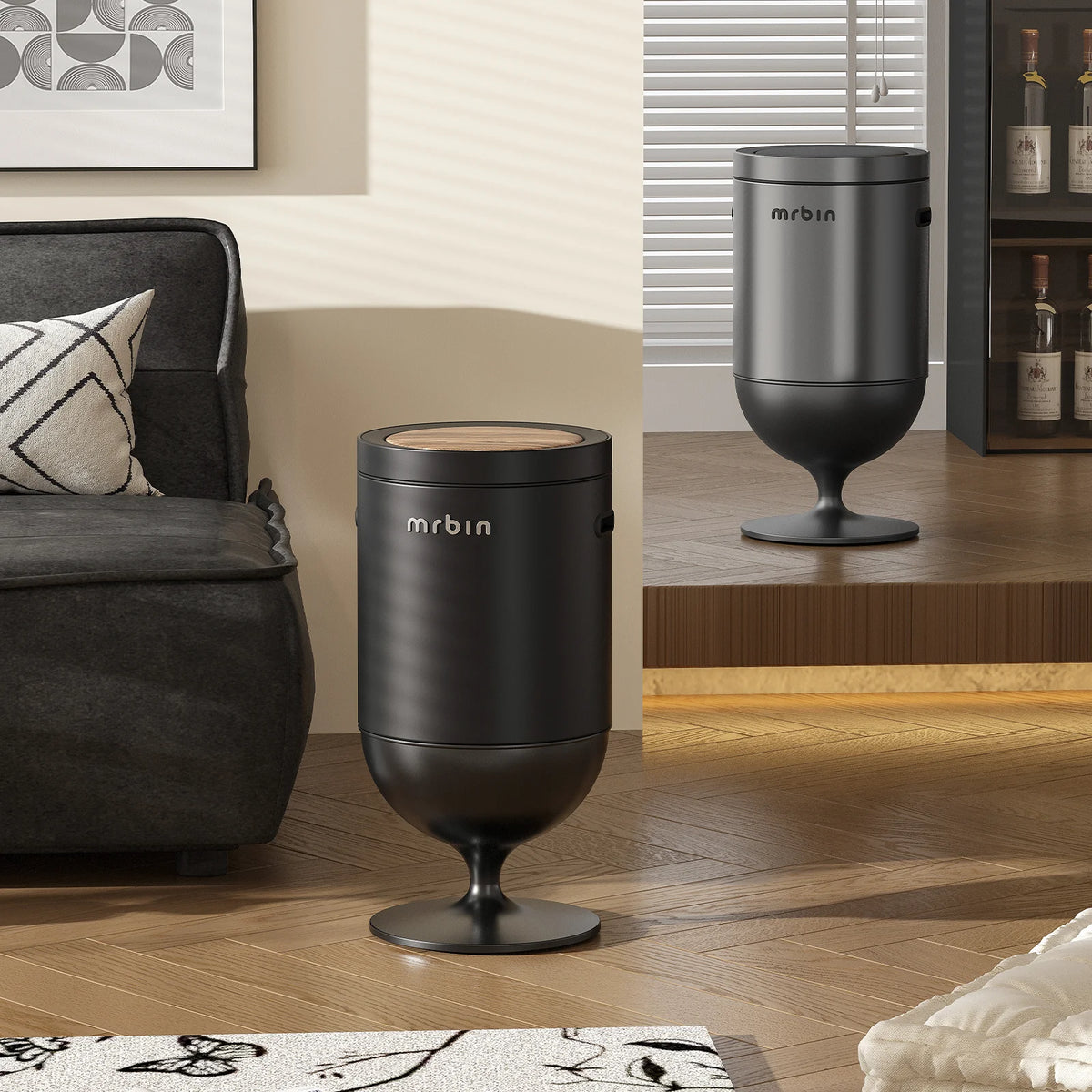 Metal Bathroom Trash Can with Lid, 5.3 Gallon Wine Glass Shaped Automatic Waste Basket Touchless, Smart round Tall Garbage with High Leg for Office, Bedroom, Kitchen, Cream White