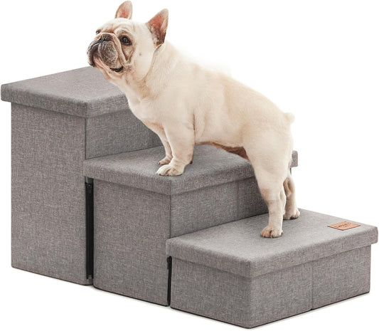 Dog Stairs for High Bed, Foldable Pet Stairs for Small Medium or Large Dogs Puppy with Storage for Bed or Couch, Cat Dog Steps Ramp with Zip up to 200 Lbs, Solid Grey, 3 Steps