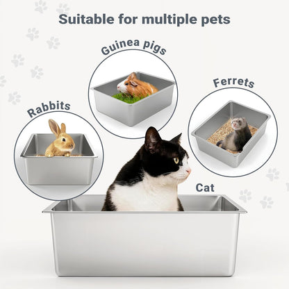 Stainless Steel Cat Litter Box - Metal High Sided Cat Pan, Large Stainless Steel
