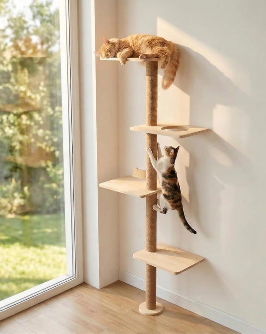 Wall-Mounted Cat Tree, 73-Inch Sisal Scratching Post, 4-Tier Wood Perches