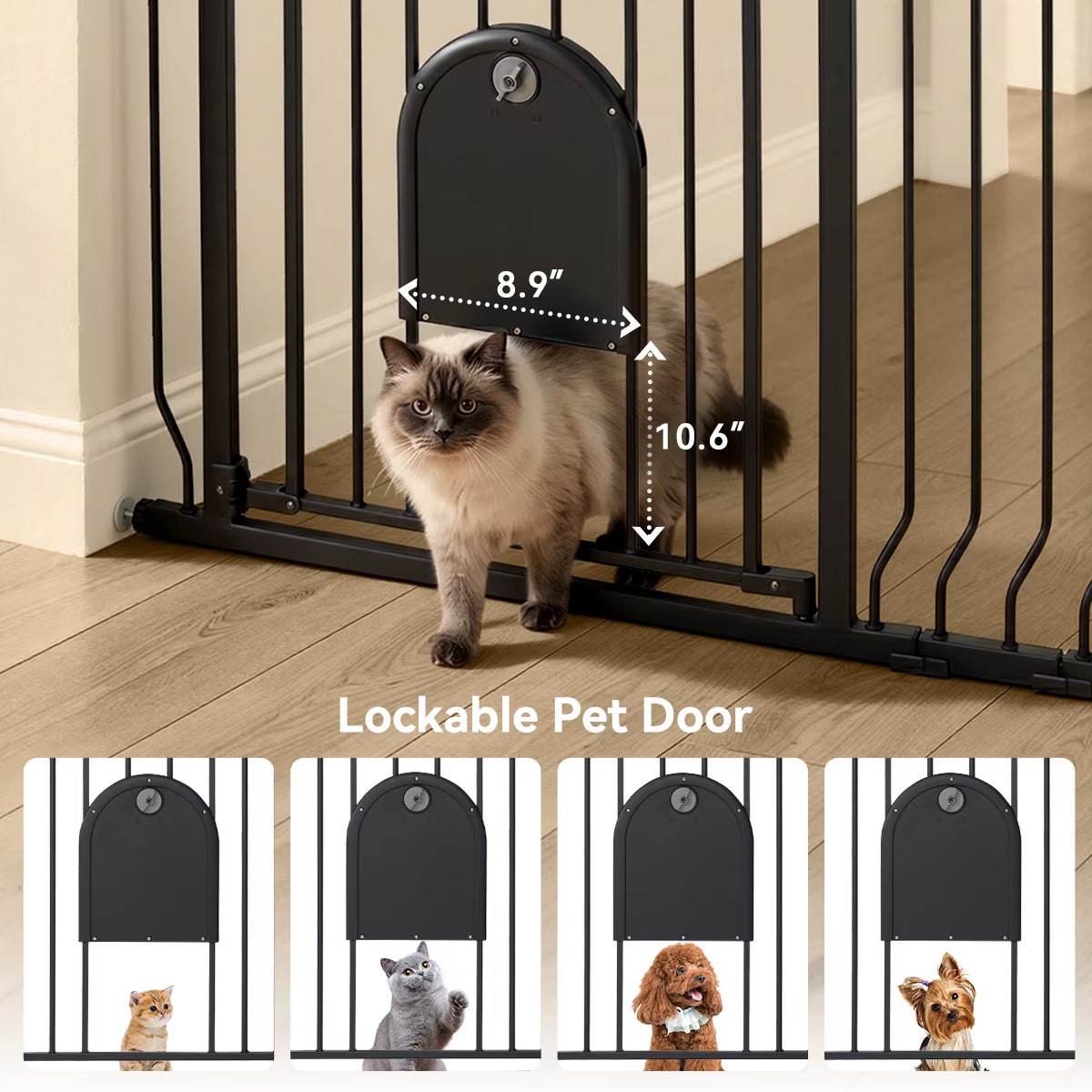 Pet Gate with Cat Door, 29.5"-43.7" Wide Dog Gate for Stairs & Doorways, Pressure Mounted, Black