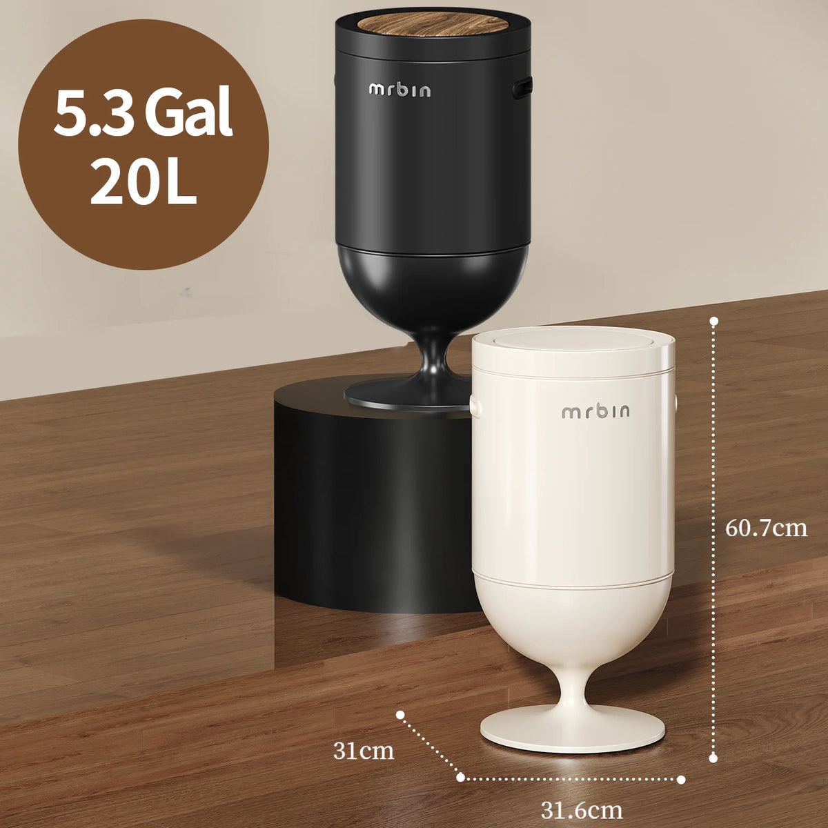 Metal Bathroom Trash Can with Lid, 5.3 Gallon Wine Glass Shaped Automatic Waste Basket Touchless, Smart round Tall Garbage with High Leg for Office, Bedroom, Kitchen, Cream White
