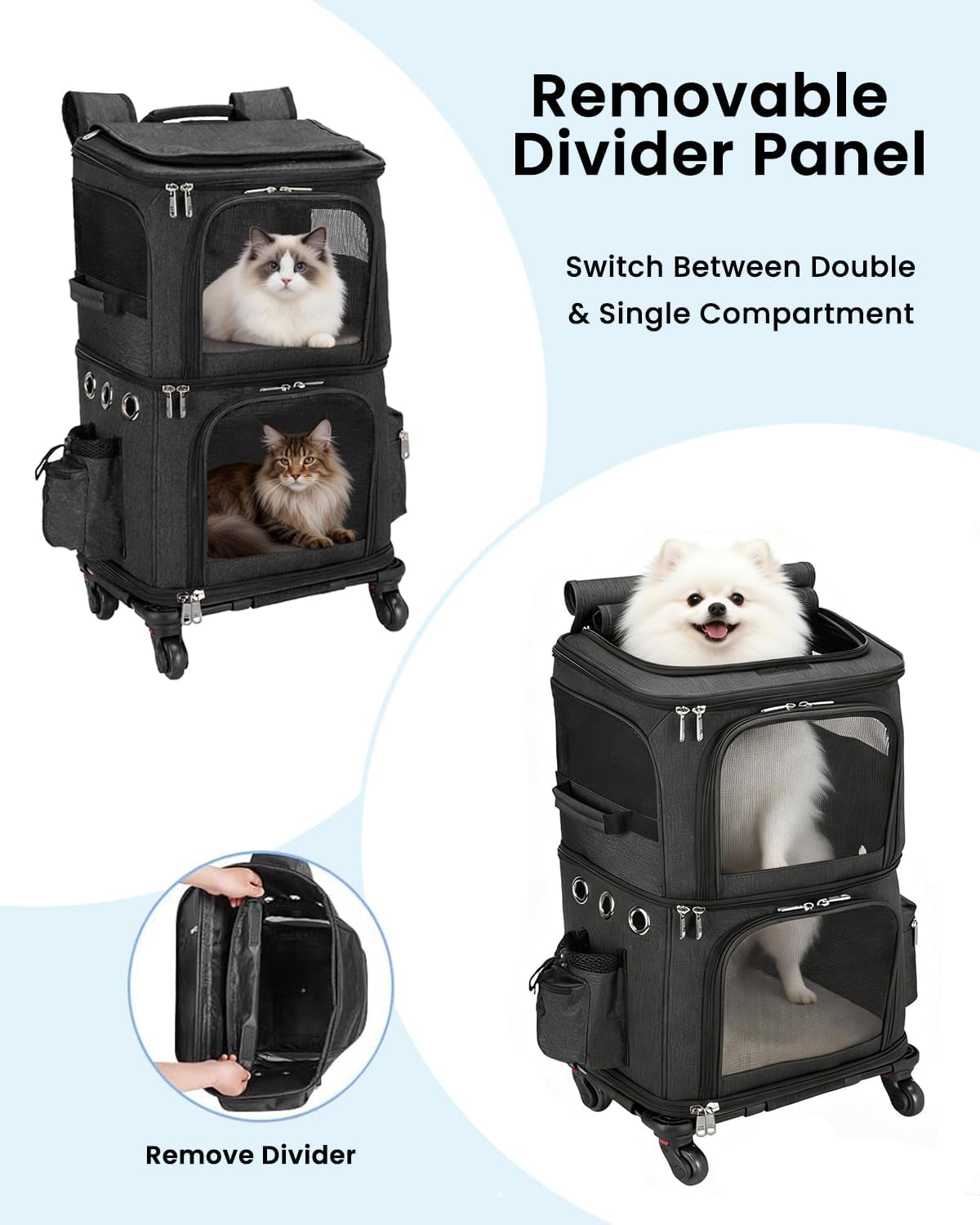 Double-Compartment Cat Carrier Backpack with Wheels for Two Pets