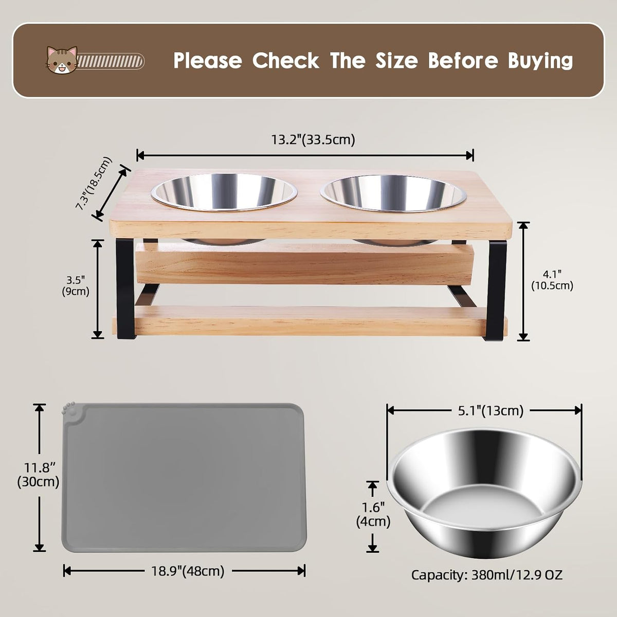 Elevated Cat Bowls with Food Mat, 15° Tilted anti Vomiting Raised Cat Feeder for Indoor Cats and Puppy, 2 Stainless Steel Bowls for Food and Water