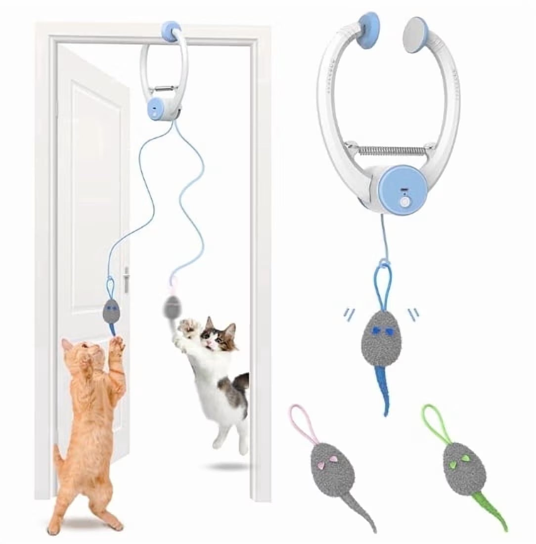 Interactive Pet Toy for Indoor Cats, Door Frame Hanging Cat Toy,Door Hanging Auto-Rebound Cat Toy, Retractable Kitten Teaser with 3 Catnip Mice
