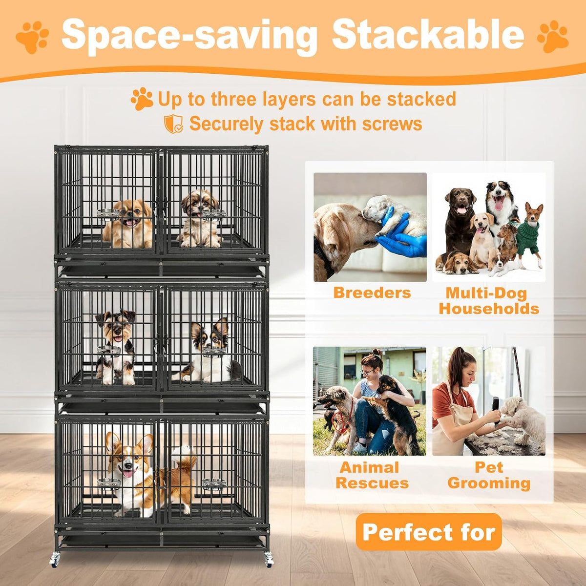 43" Double Dog Crate, Heavy Duty Stackable Kennel with Divider