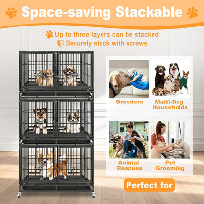 43" Double Dog Crate, Heavy Duty Stackable Kennel with Divider